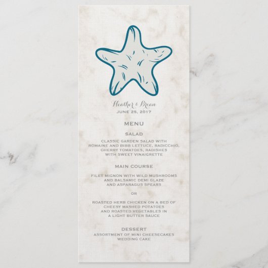 Royal Blue Rustic Starfish Wedding Menu (Voorkant)