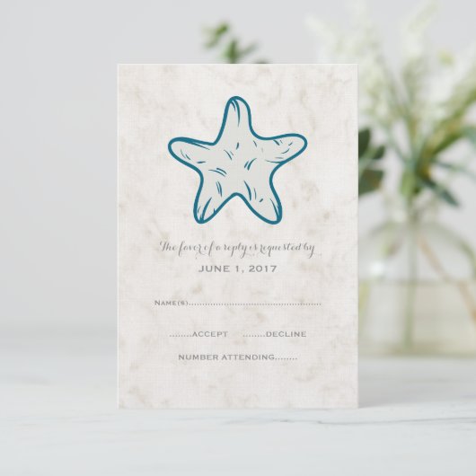 Royal Blue Rustic Starfish Wedding RSVP Kaart (Staand voorkant)