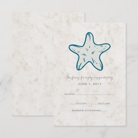 Royal Blue Rustic Starfish Wedding RSVP Kaart (Voorkant / Achterkant)