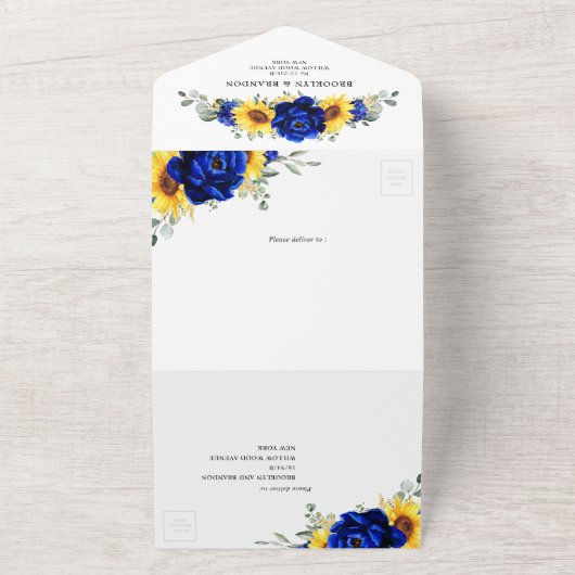 Royal Blue Rustic Sunflower Geometric Wedding All In One Uitnodiging (Buitenkant)