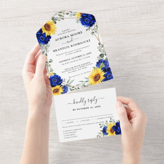 Royal Blue Rustic Sunflower Geometric Wedding All In One Uitnodiging (Afscheurbaar)