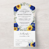 Royal Blue Rustic Sunflower Geometric Wedding All In One Uitnodiging (Binnen)