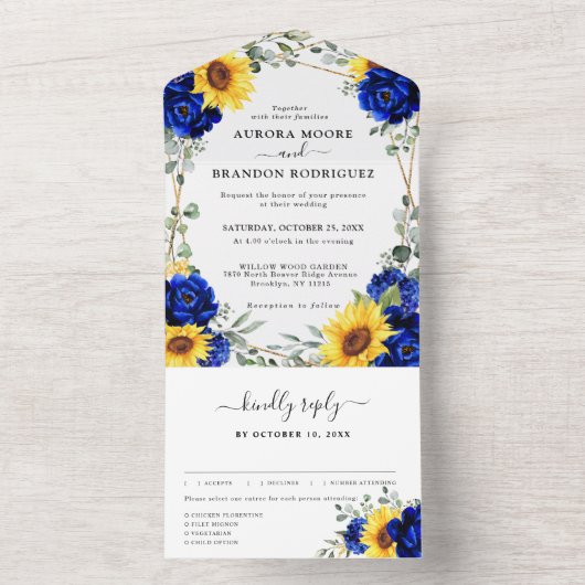 Royal Blue Rustic Sunflower Geometric Wedding All In One Uitnodiging (Binnen)