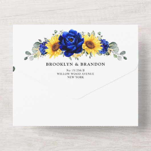 Royal Blue Rustic Sunflower Geometric Wedding All In One Uitnodiging (Achterkant)