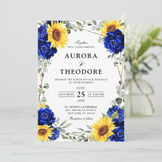 Royal Blue Rustic Sunflower Geometric Wedding Inv Kaart (Staand voorkant)