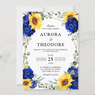 Royal Blue Rustic Sunflower Geometric Wedding Inv Kaart
