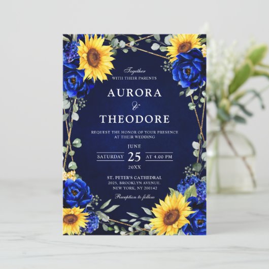 Royal Blue Rustic Sunflower Geometric Wedding Inv Kaart (Staand voorkant)