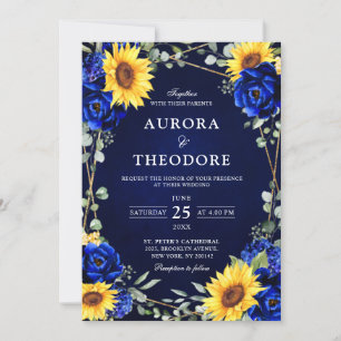 Royal Blue Rustic Sunflower Geometric Wedding Inv Kaart