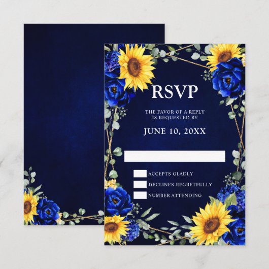 Royal Blue Rustic Sunflower Geometric Wedding RSV RSVP Kaartje (Voorkant / Achterkant)