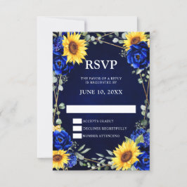 Royal Blue Rustic Sunflower Geometric Wedding RSV RSVP Kaartje