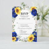 Royal Blue Rustic Sunflower Geometric Wedding RSVP Kaartje (Staand voorkant)