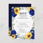 Royal Blue Rustic Sunflower Geometric Wedding RSVP Kaartje (Voorkant / Achterkant)