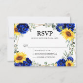Royal Blue Rustic Sunflower Geometric Wedding RSVP Kaartje (Voorkant)