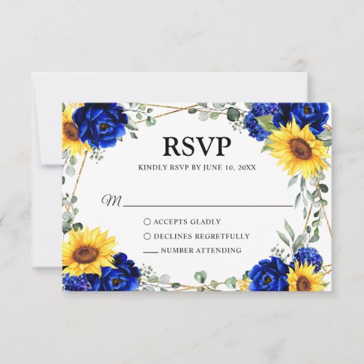 Royal Blue Rustic Sunflower Geometric Wedding RSVP Kaartje (Voorkant)