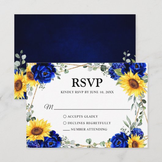 Royal Blue Rustic Sunflower Geometric Wedding RSVP Kaartje (Voorkant / Achterkant)