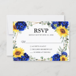 Royal Blue Rustic Sunflower Geometric Wedding RSVP Kaartje
