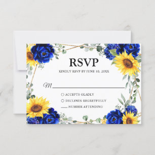 Royal Blue Rustic Sunflower Geometric Wedding RSVP Kaartje