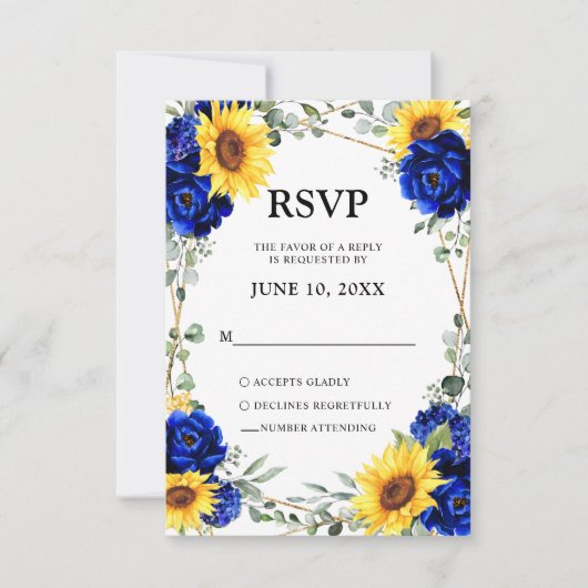 Royal Blue Rustic Sunflower Geometric Wedding RSVP Kaartje (Voorkant)