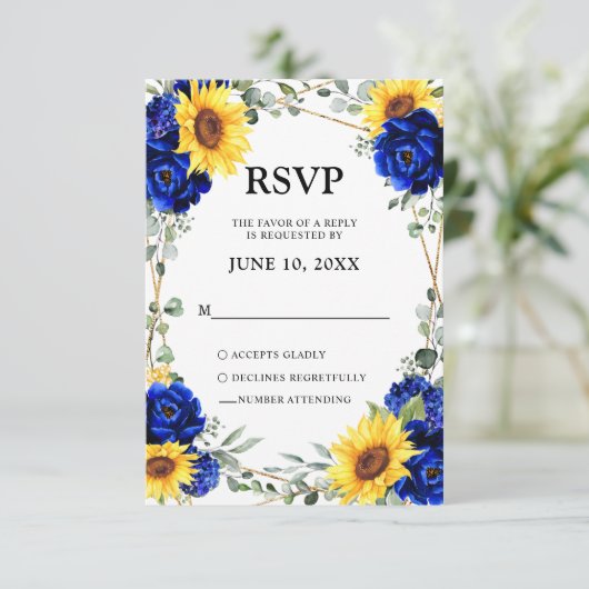 Royal Blue Rustic Sunflower Geometric Wedding RSVP Kaartje (Staand voorkant)