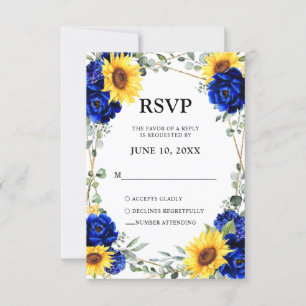 Royal Blue Rustic Sunflower Geometric Wedding RSVP Kaartje