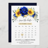 Royal Blue Rustic Sunflower Modern Floral kalender Save The Date (Voorkant / Achterkant)