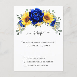 Royal Blue Rustic Sunflower Modern Floral RSVP Briefkaart