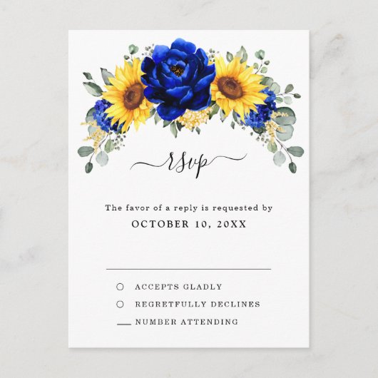Royal Blue Rustic Sunflower Modern Floral RSVP Briefkaart (Voorkant)
