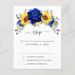 Royal Blue Rustic Sunflower Modern Floral RSVP Briefkaart