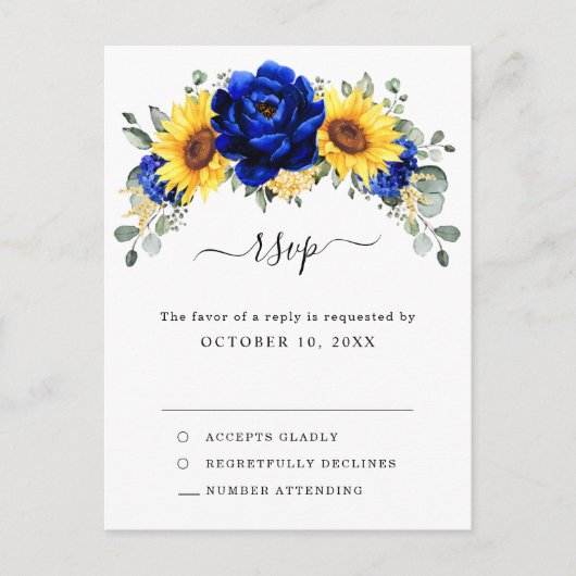 Royal Blue Rustic Sunflower Modern Floral RSVP Briefkaart (Voorkant)