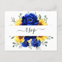 Royal Blue Rustic Sunflower Modern Floral RSVP