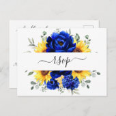 Royal Blue Rustic Sunflower Modern Floral RSVP Briefkaart (Voorkant / Achterkant)
