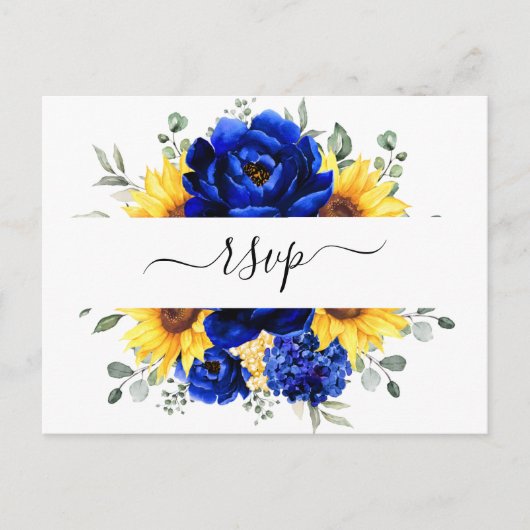 Royal Blue Rustic Sunflower Modern Floral RSVP Briefkaart (Voorkant)