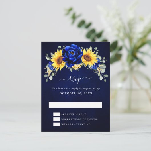 Royal Blue Rustic Sunflower Modern Floral RSVP Pos Briefkaart (Staand voorkant)