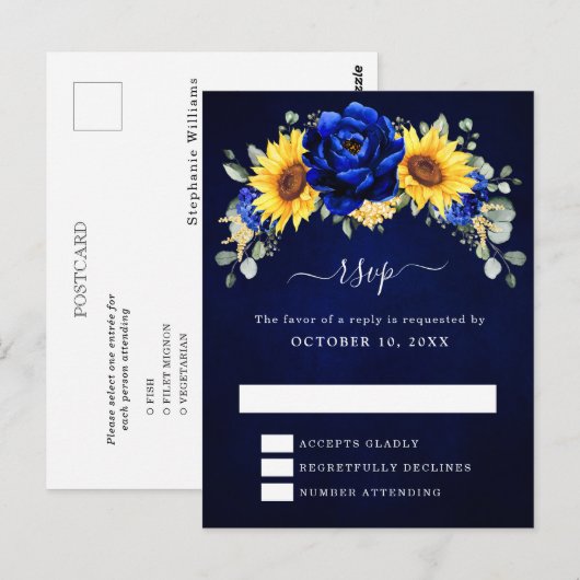 Royal Blue Rustic Sunflower Modern Floral RSVP Pos Briefkaart (Voorkant / Achterkant)