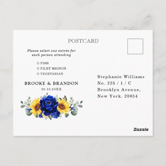 Royal Blue Rustic Sunflower Modern Floral RSVP Pos Briefkaart (Achterkant)