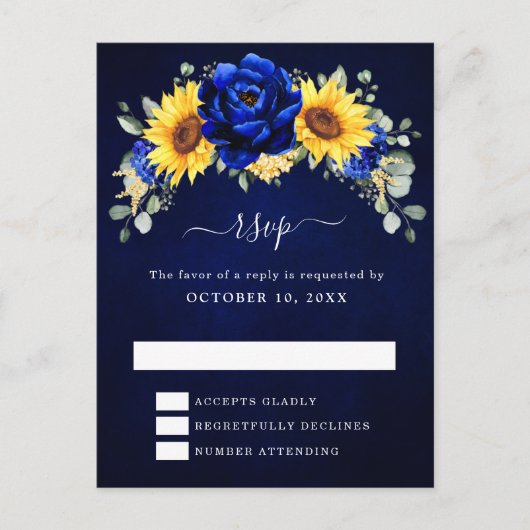 Royal Blue Rustic Sunflower Modern Floral RSVP Pos Briefkaart (Voorkant)