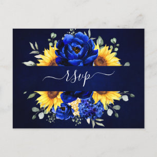 Royal Blue Rustic Sunflower Modern Floral RSVP Pos Briefkaart