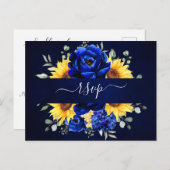 Royal Blue Rustic Sunflower Modern Floral RSVP Pos Briefkaart (Voorkant / Achterkant)