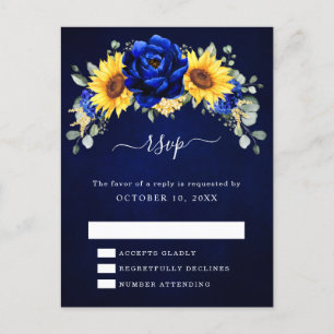 Royal Blue Rustic Sunflower Modern Floral RSVP Pos Briefkaart