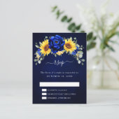 Royal Blue Rustic Sunflower Modern Floral RSVP Pos Briefkaart (Staand voorkant)