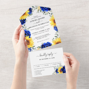 Royal Blue Rustic Sunflower Modern Floral Wedding All In One Uitnodiging