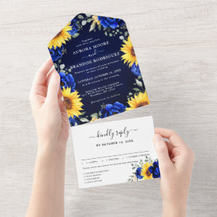 Royal Blue Rustic Sunflower Modern Floral Wedding All In One Uitnodiging