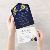Royal Blue Rustic Sunflower Modern Floral Wedding All In One Uitnodiging (Afscheurbaar)