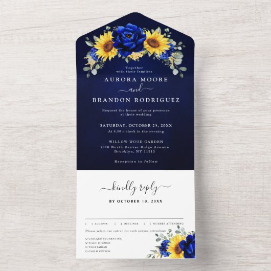 Royal Blue Rustic Sunflower Modern Floral Wedding All In One Uitnodiging (Binnen)