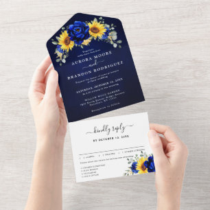 Royal Blue Rustic Sunflower Modern Floral Wedding All In One Uitnodiging