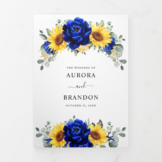 Royal Blue Rustic Sunflower Modern Floral Wedding Drieluik Aankondiging (Cover)