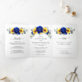 Royal Blue Rustic Sunflower Modern Floral Wedding Drieluik Aankondiging (Binnen)