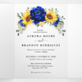 Royal Blue Rustic Sunflower Modern Floral Wedding Drieluik Aankondiging (Binnenkant midden)