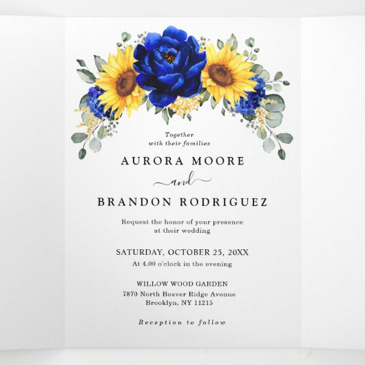 Royal Blue Rustic Sunflower Modern Floral Wedding Drieluik Aankondiging (Binnenkant midden)