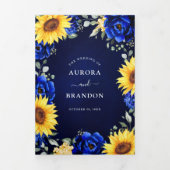 Royal Blue Rustic Sunflower Modern Floral Wedding Drieluik Aankondiging (Cover)